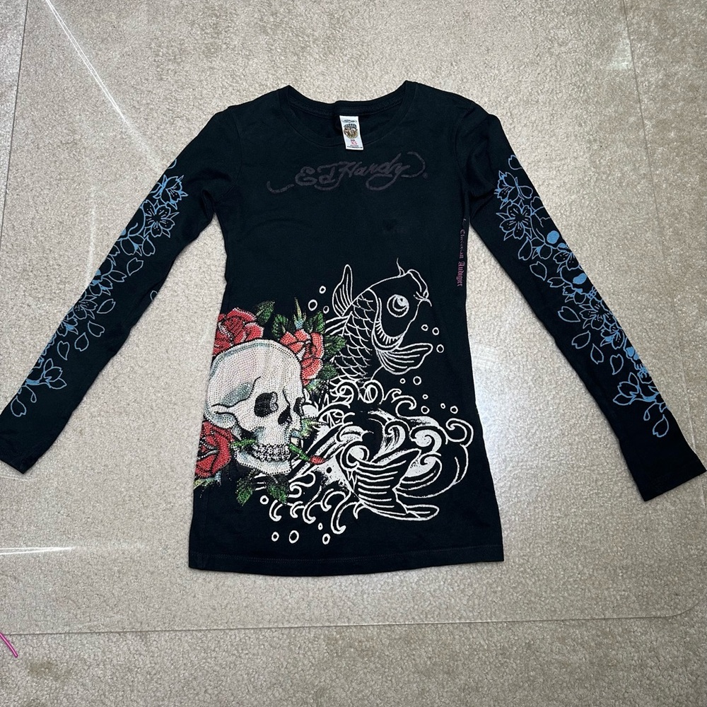 ED HARDY BY CHRISTIAN AUDIGIER BLACK LONG SLEEVE TOP CRYSTAL SKULL & ROSES XS